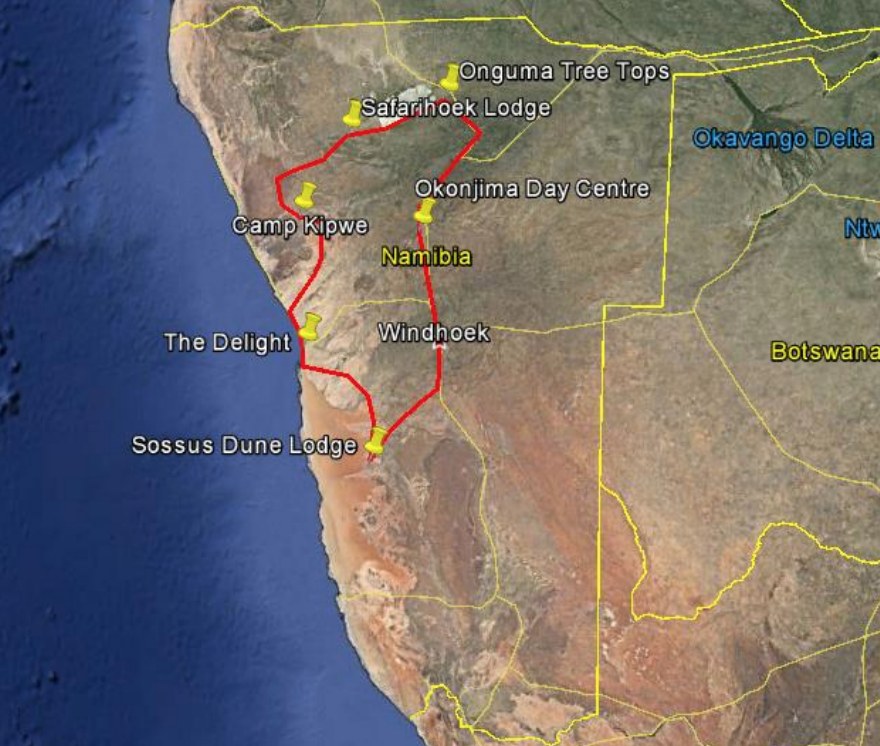 Map of itinerary Namibia